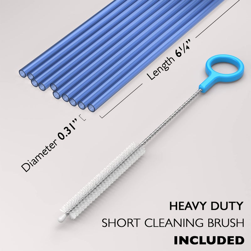 Fiesta First 10 Short Reusable Hard Blue Plastic Drinking Straws, Medium Width + Sturdy Cleaning Brush - for Cocktails, Small Cups, Kids Drinks - Dishwasher Safe BPA Free - Image 2